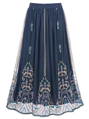 Avani Wander In Embroidered Maxi Skirt Navy Blue Whimsical Fairycore Bohemian